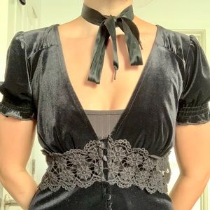 Velvet puff sleeve dress with floral lace cutout trim